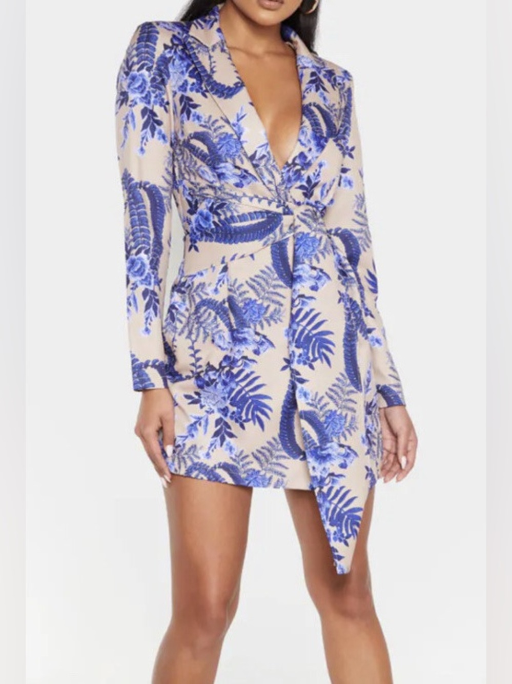 PrettyLittleThing Beige Mini Dress with Blue Floral Print